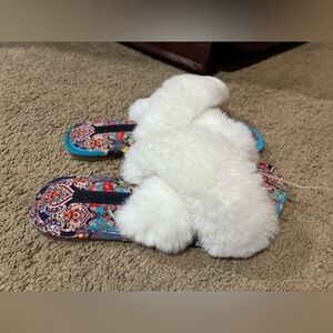 Johnny Was Indi X Soft Faux Fur Slippers BOHO House Shoes Women’s Size 7 M